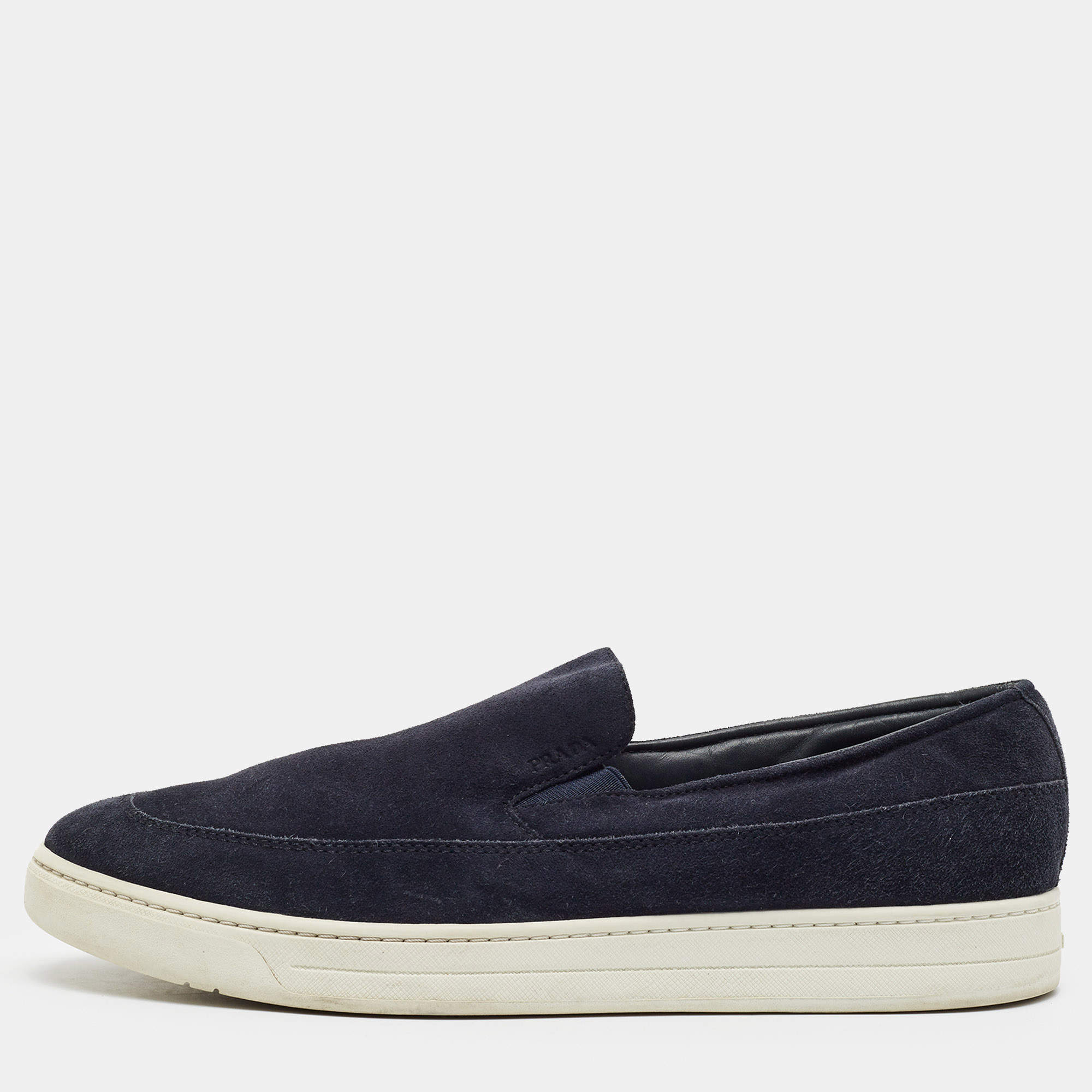 مملوكة مسبقًا Prada Size 42 Navy Blue Suede Slip On Sneakers