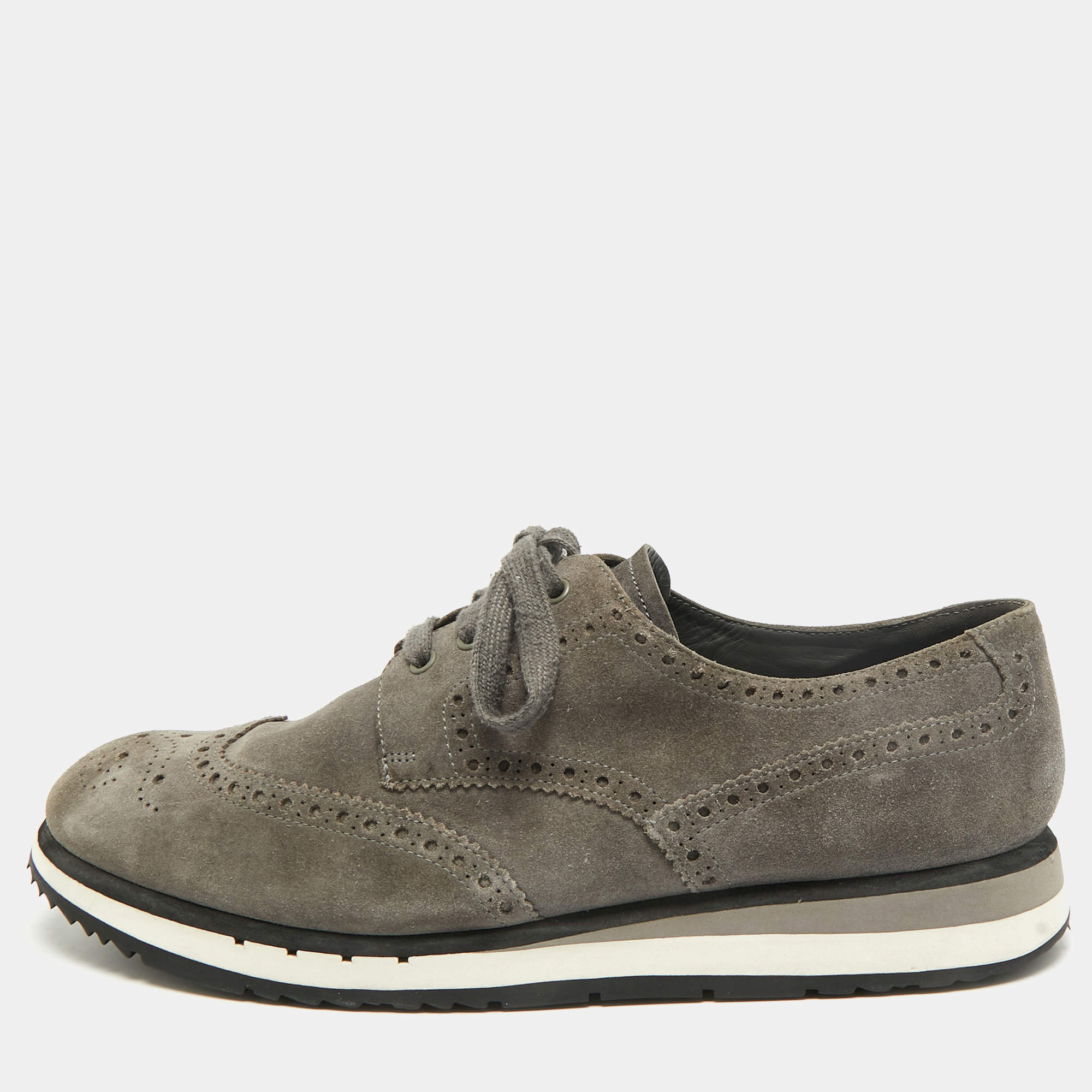 Pre Owned Prada Wingtip Size 46 Grey Suede Lace Up Sneakers