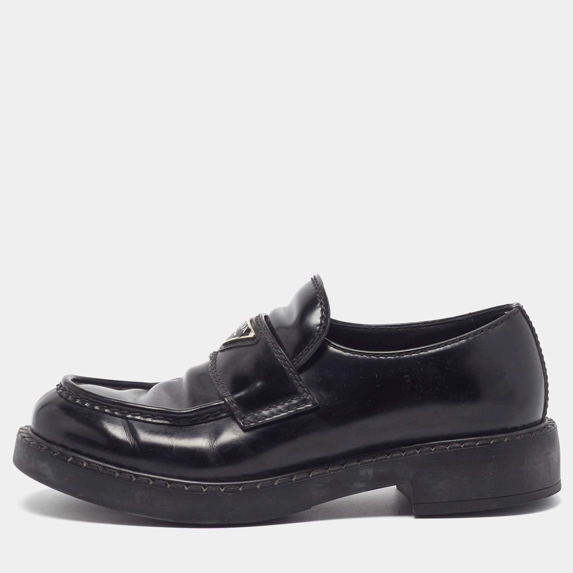 Pre Owned Prada Size 41.5 Black Chocolate Brushed Leather Loafers