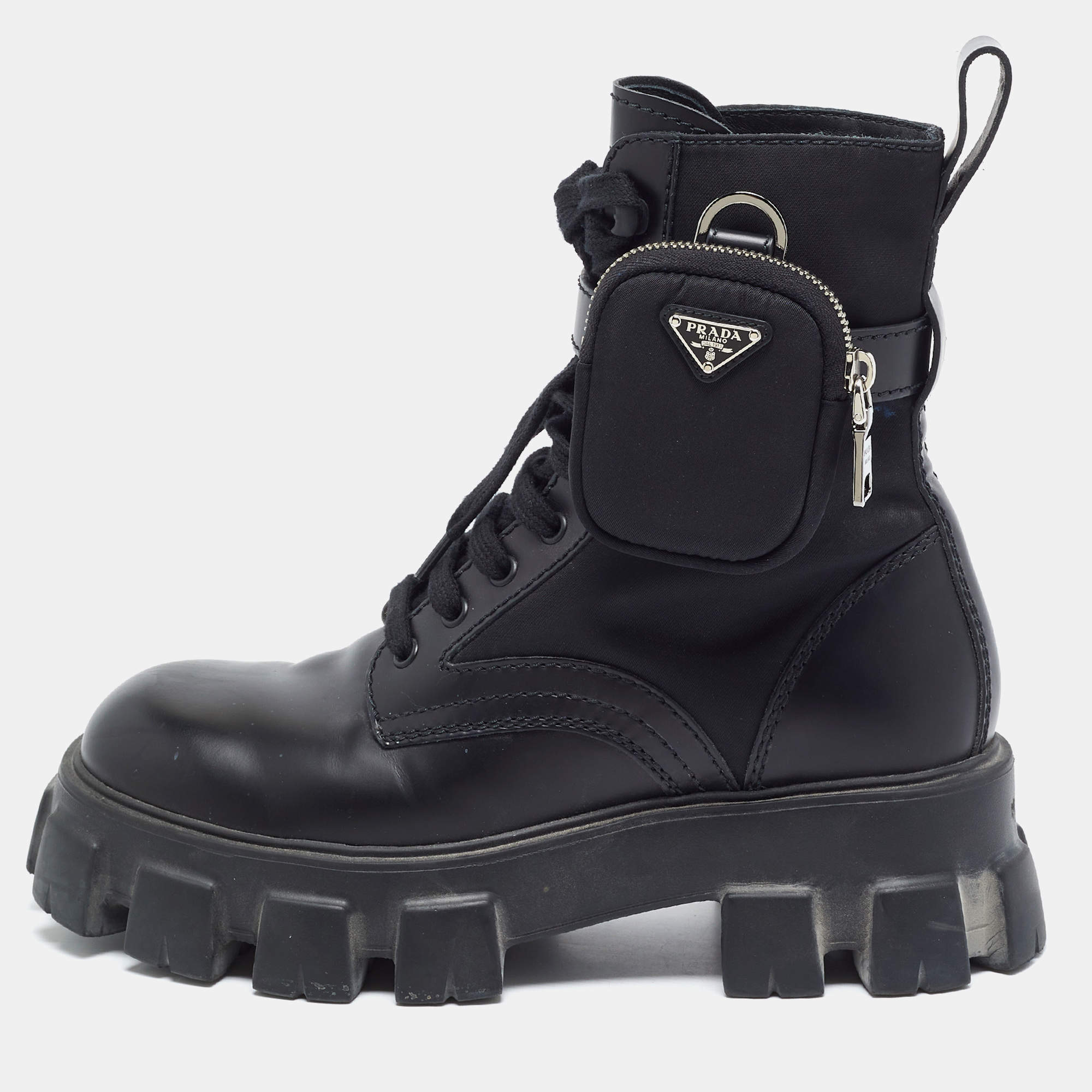 Pre Owned Prada Monolith Size 40.5 Black Nylon Ankle Length Boots