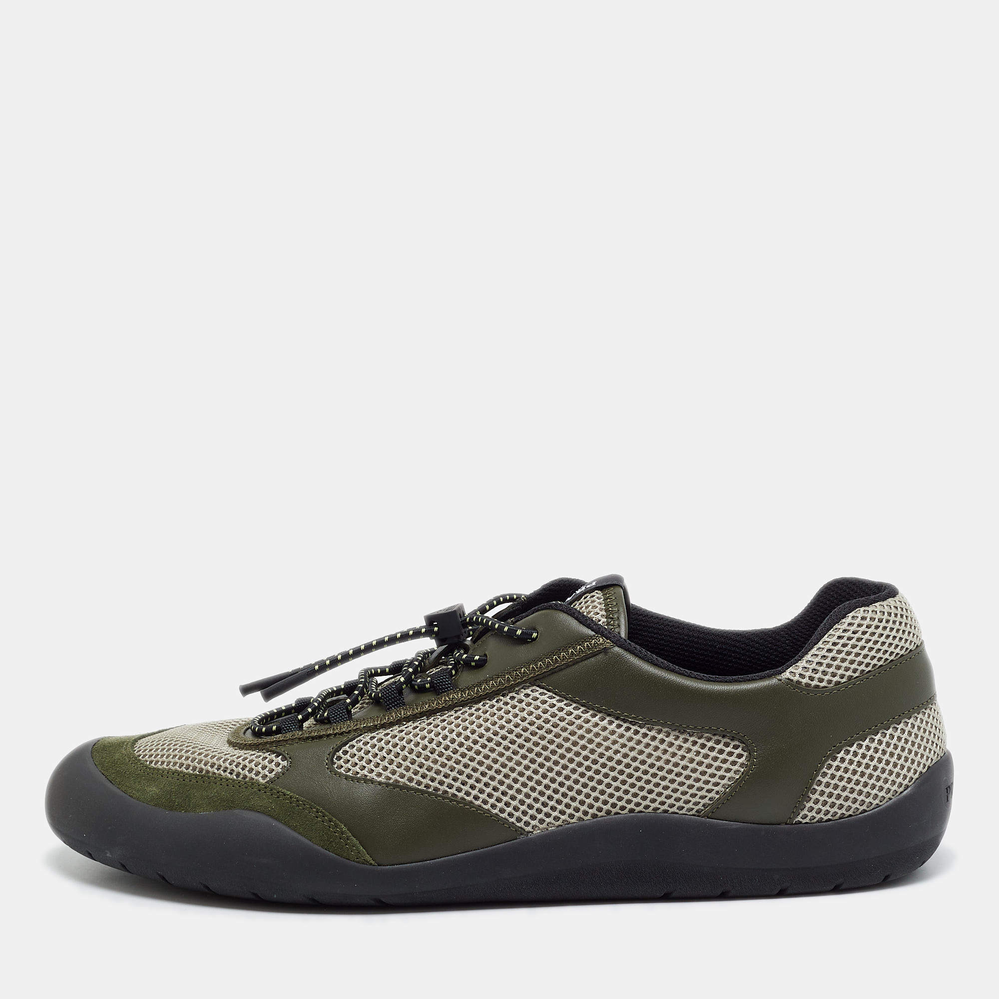 Pre Owned Prada Speedrock Size 45 Two Tone Leather and Mesh Low Top Sneakers