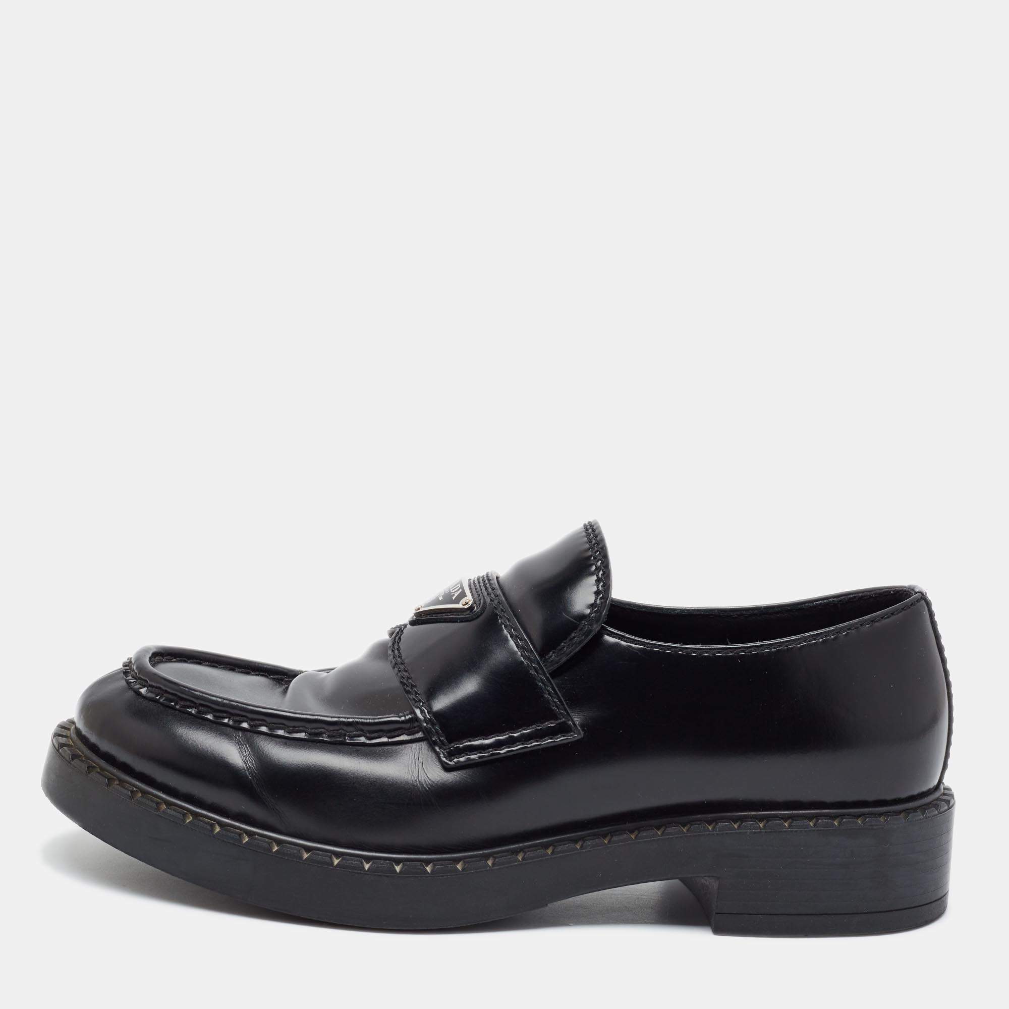 Pre Owned Prada Brushed Size 42.5 Black Leather Loafers