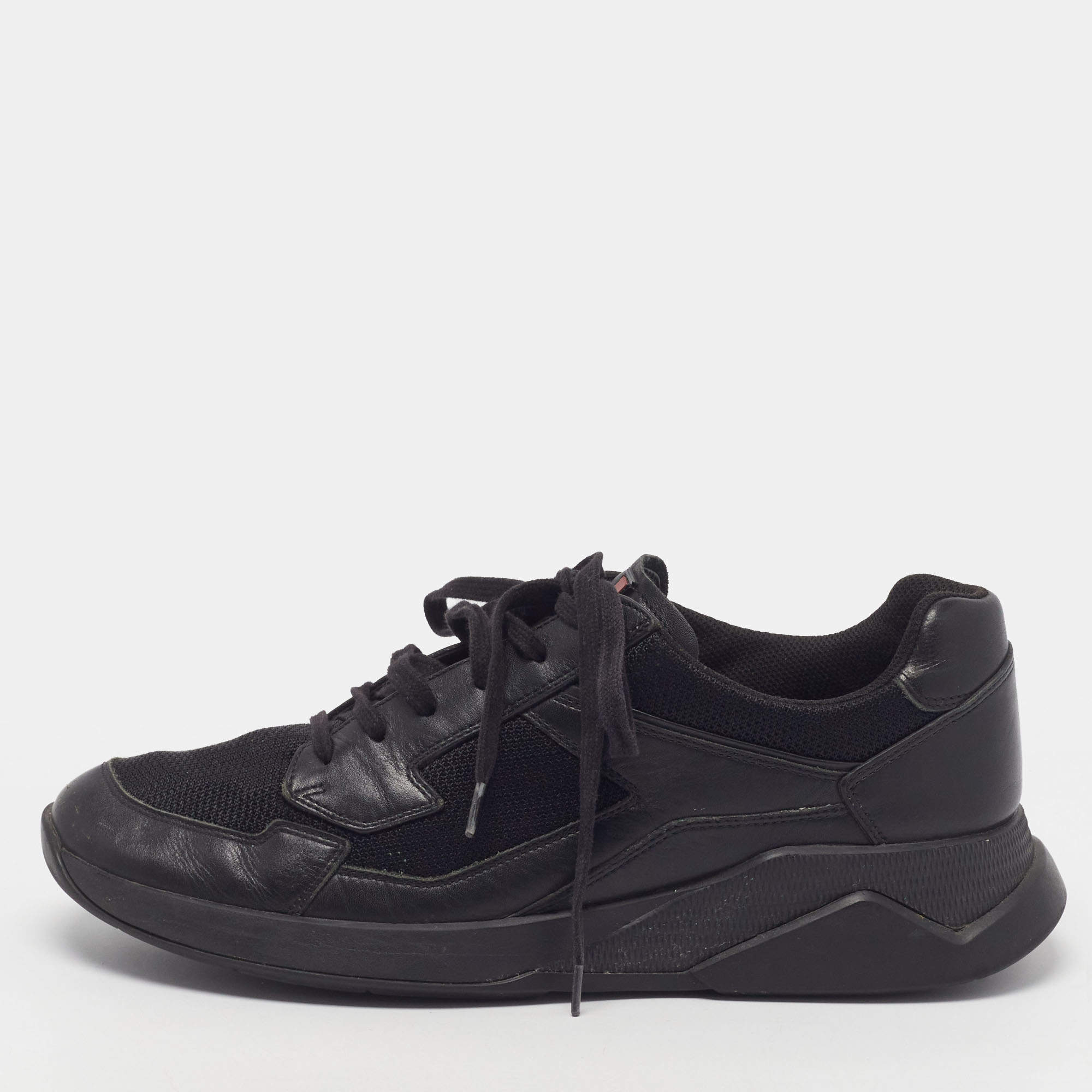Pre Owned Prada America's Cup Size 43 Black Leather and Mesh Lace Up Sneakers