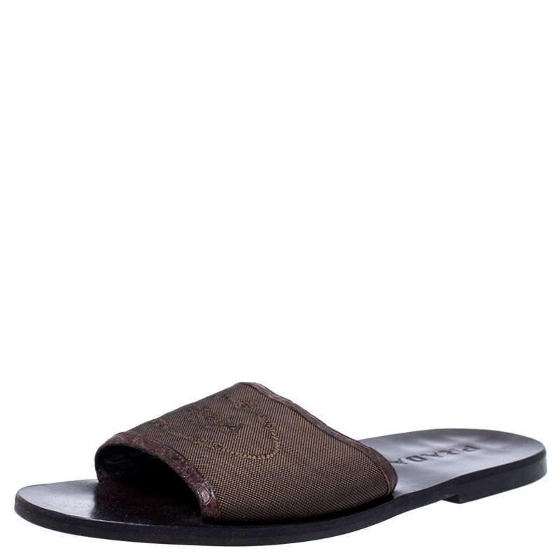 Prada Brown Canvas Flat Slides Size 41