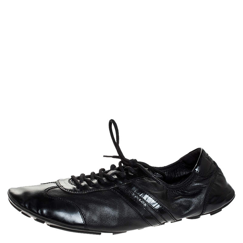 Prada Black Leather and Patent Leather Lace Up Sneakers Size 41 Prada | TLC