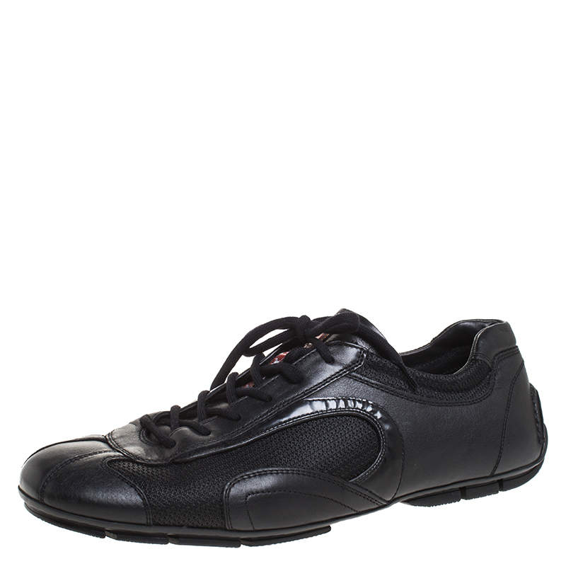 Prada Sport Black Leather And Mesh Lace Up Low Top Sneakers Size 42