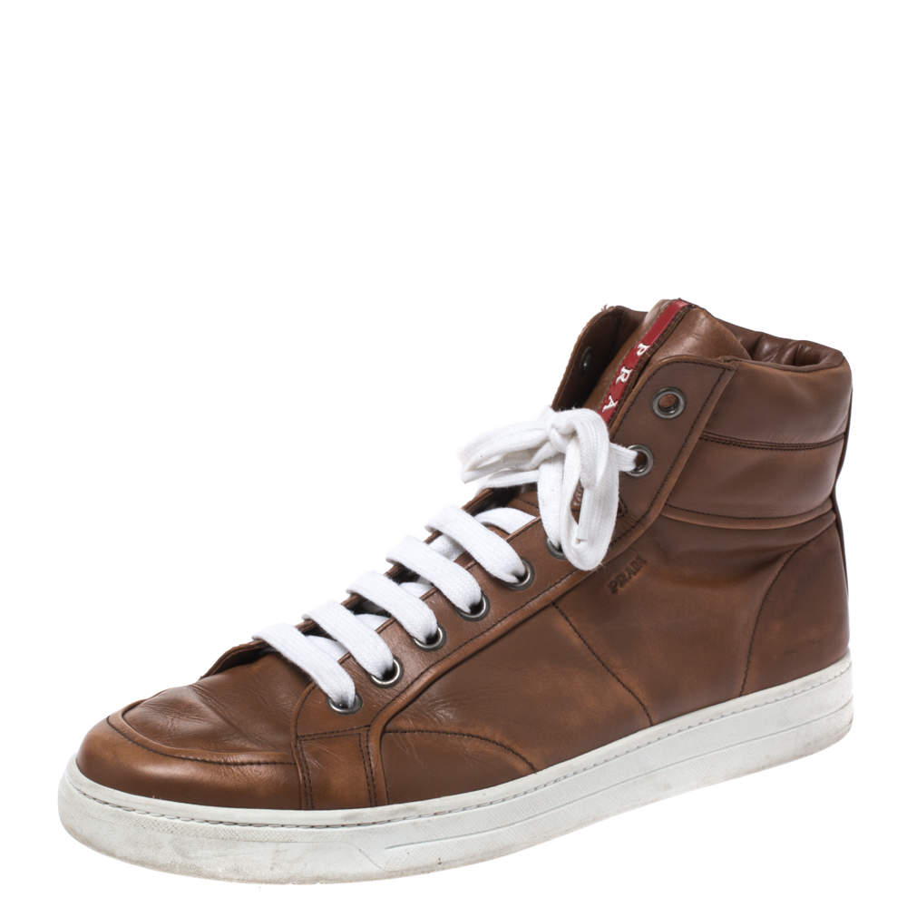 Prada Sport Brown Leather High Top Lace Up Sneakers Size 43 Prada | TLC