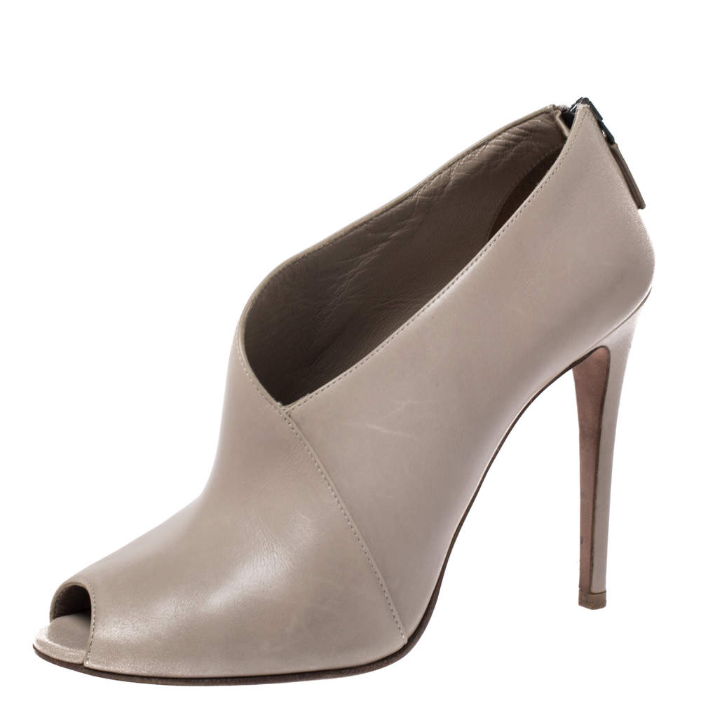 Pre Owned Prada Grey Leather Asymmetric Peep Toe Ankle Booties Size 38