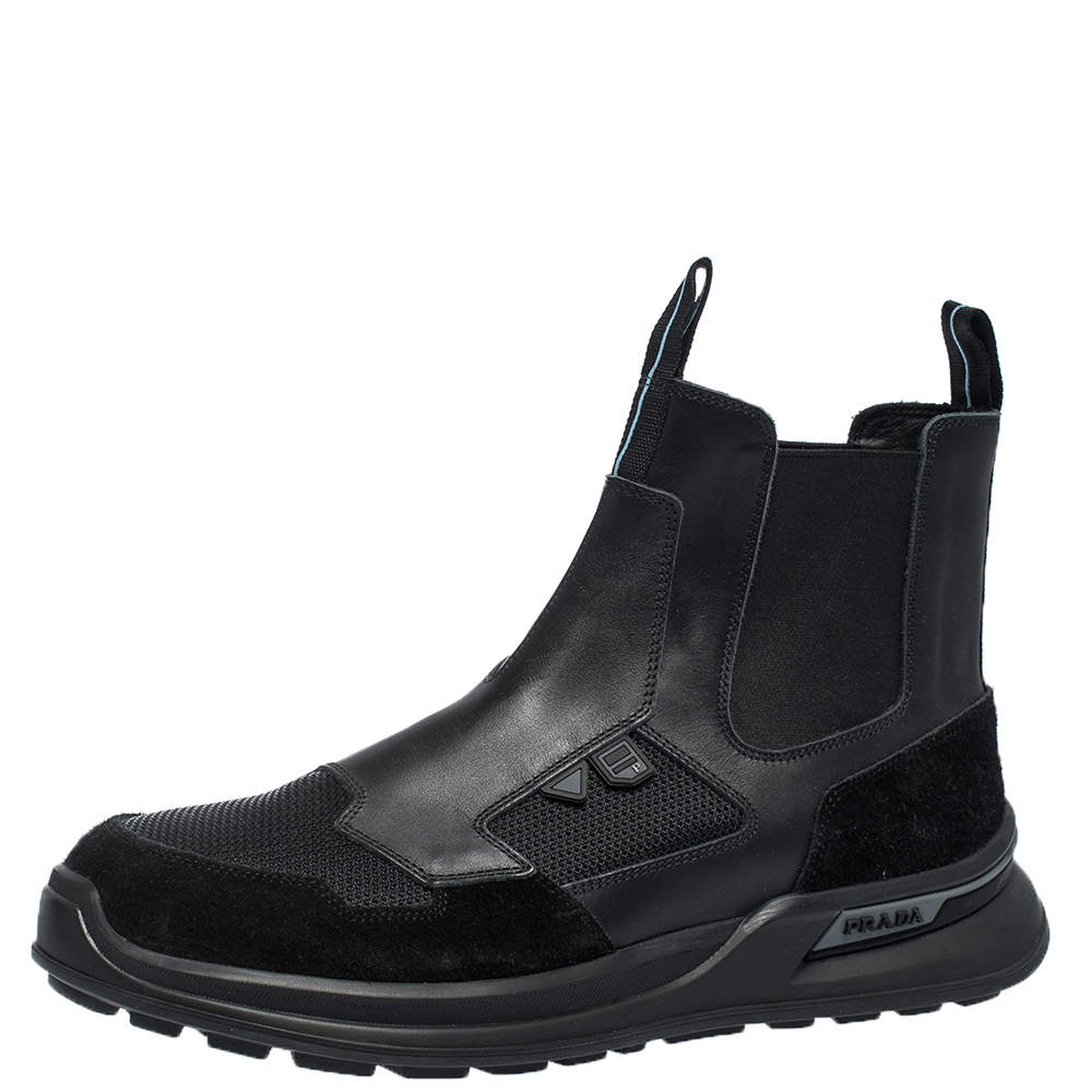 Prada Black Mesh, Suede And Leather Slip On Ankle Boots Size  41.5