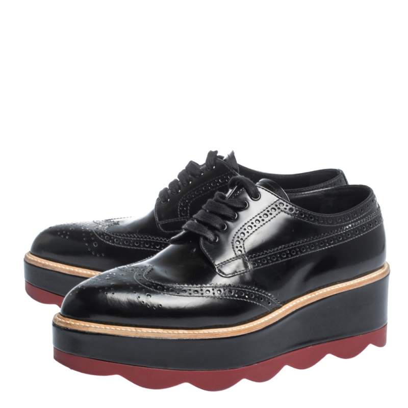 Prada Black Brogue Leather Wave Wingtip Platform Derby Sneakers Size   Prada | TLC