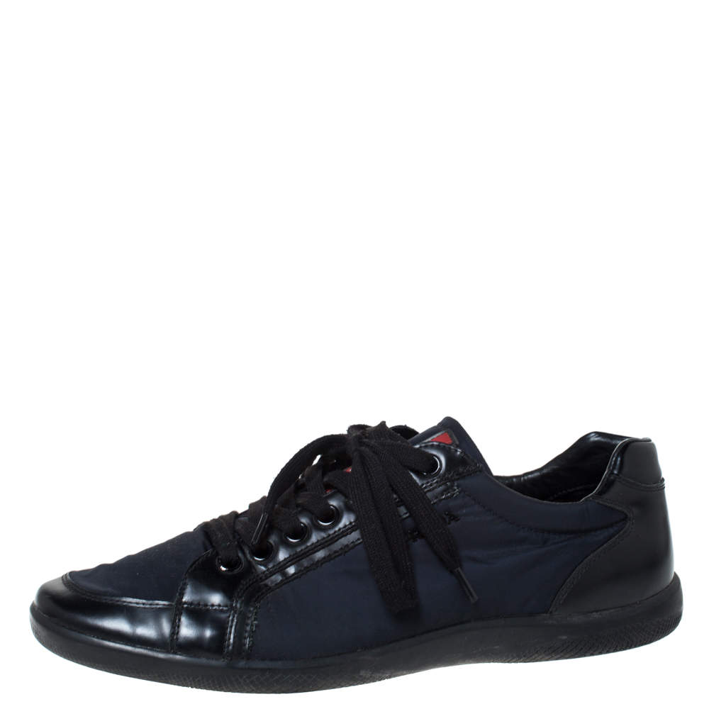 Prada Black Leather And Nylon Lace Up Sneakers Size 43.5