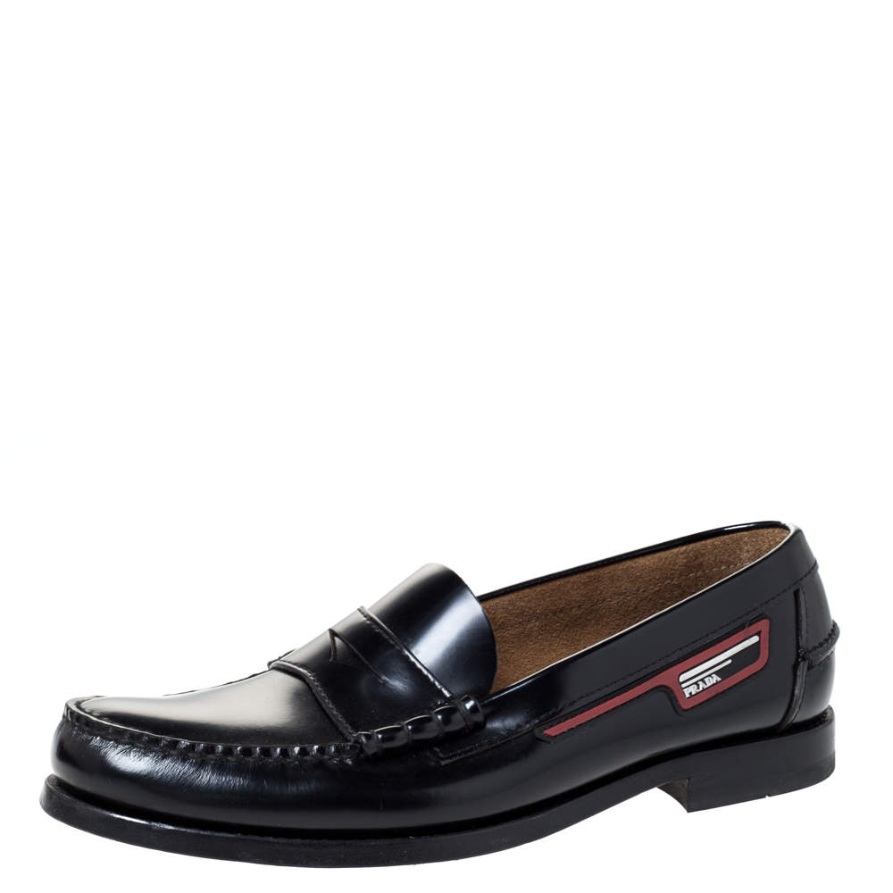 Pre Owned Prada Black Leather Slip On Penny Loafers Size 42