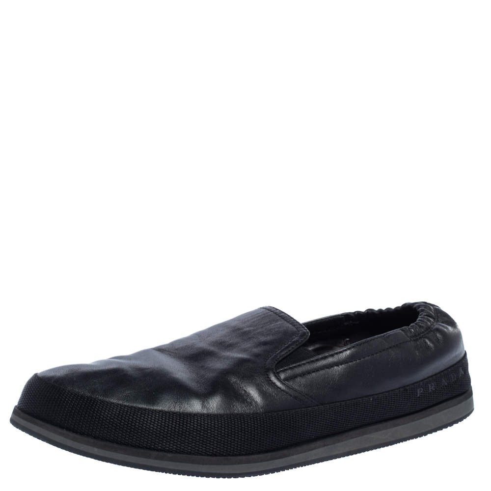 Prada Sports Black Leather Scrunch Slip On Sneakers Size 41.5