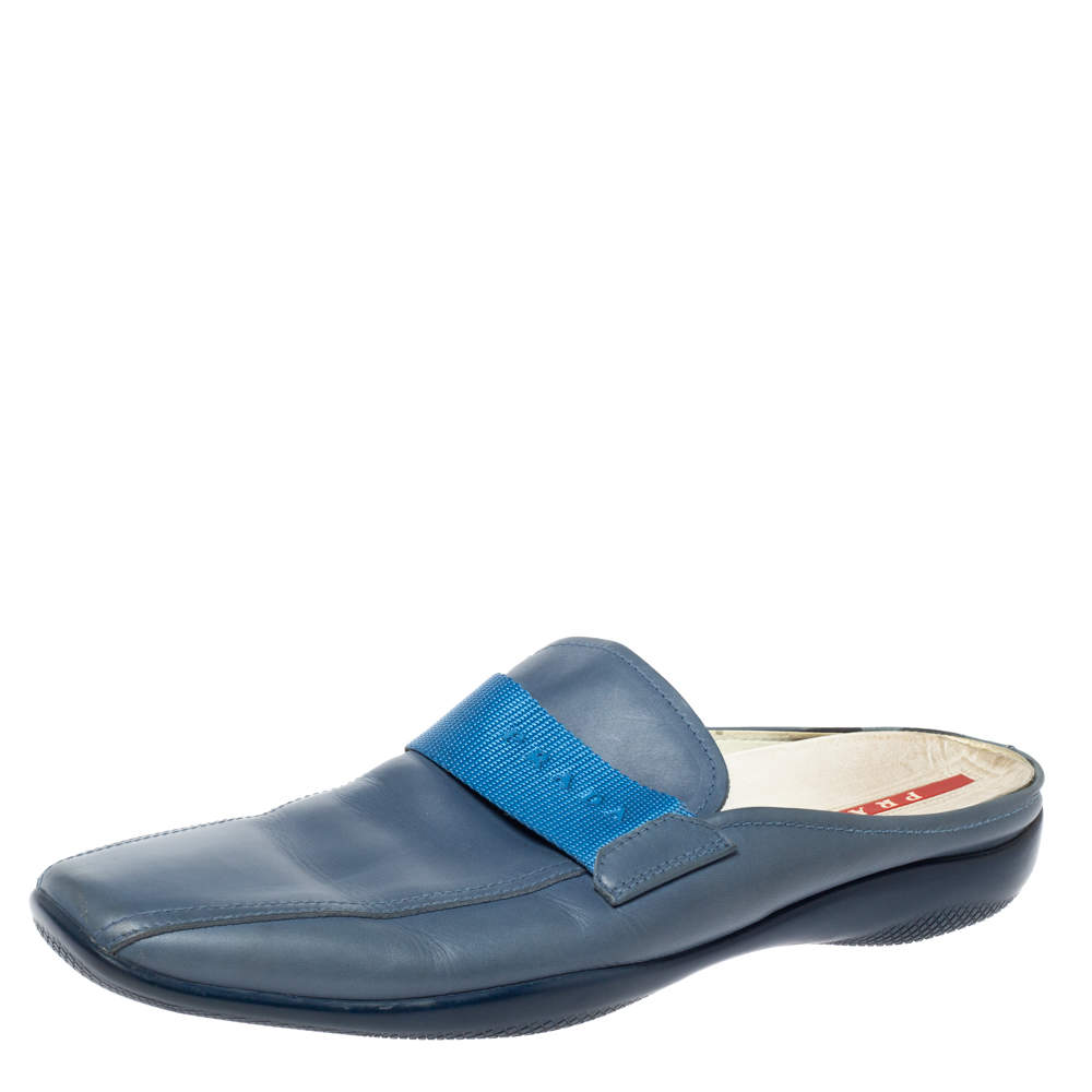 مملوكة مسبقًا Prada Blue Leather Nylon Logo Ribbon Slip On Loafer Mules Size 45