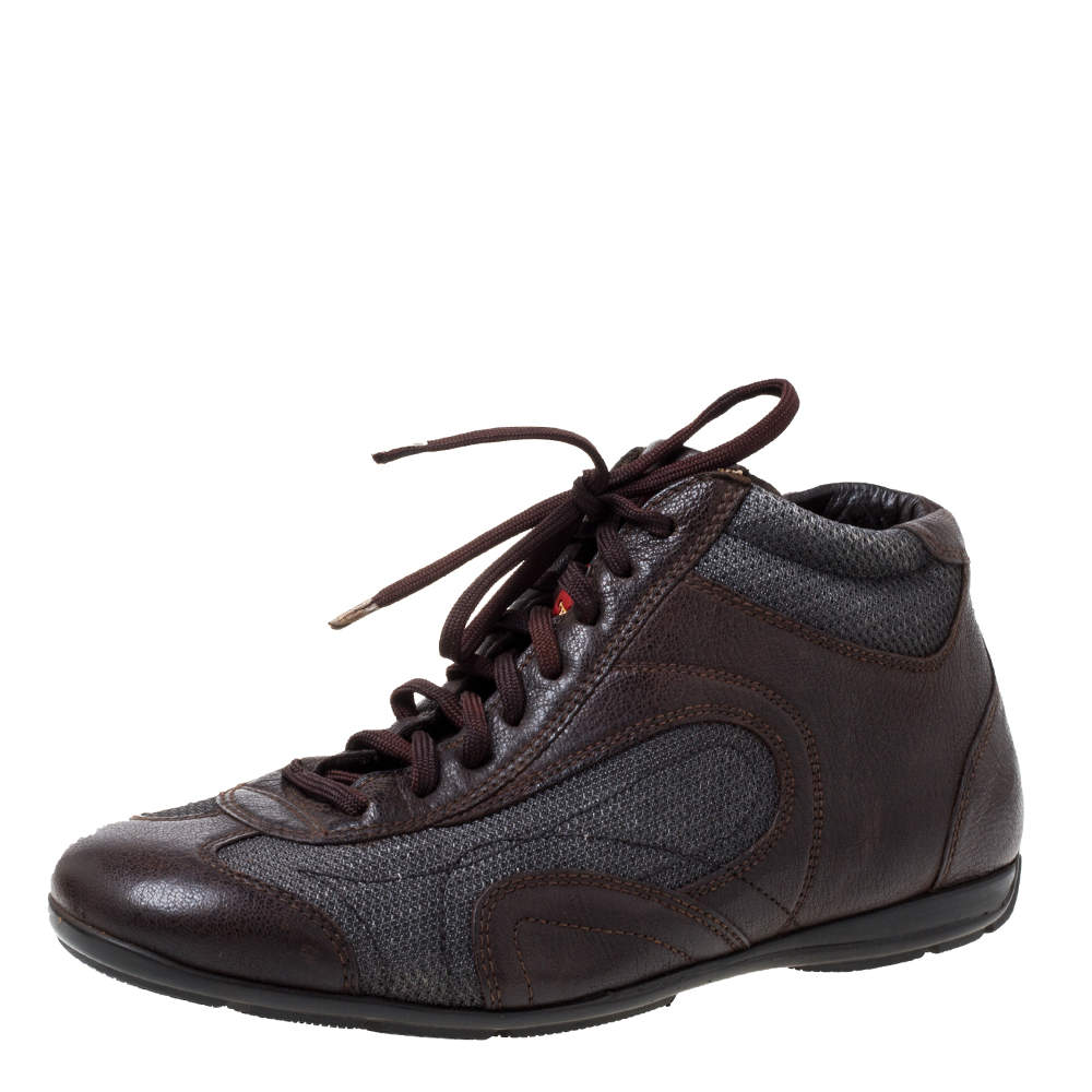 Prada Brown/Grey Leather And Mesh High Top Sneakers Size 40
