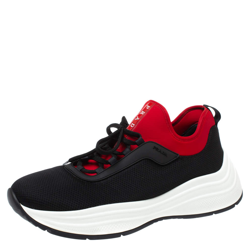 Prada Black/Red Mesh and Neoprene Low Top Sneakers Size 44