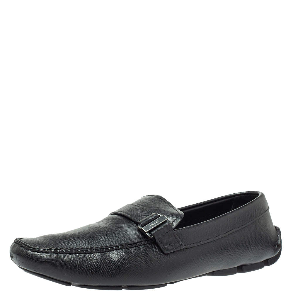 مملوكة مسبقًا  Prada Black Leather Logo Buckle Slip On Loafers Size 43.5 