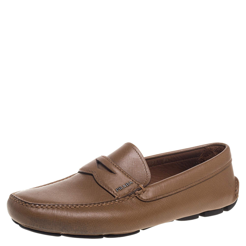 Prada Tan Leather Slip On Loafers Size 42.5