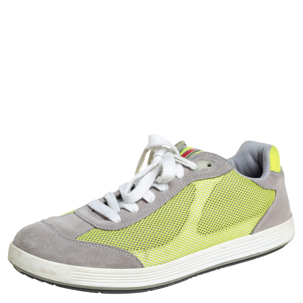 Prada Grey/Neon Green Suede and Mesh Lace Up Low Top Sneakers Size 43 Prada  | TLC