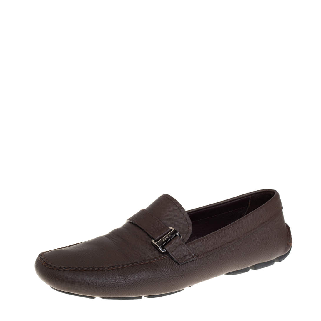 Prada Brown Leather Buckle Detail Slip On Loafers Size 44