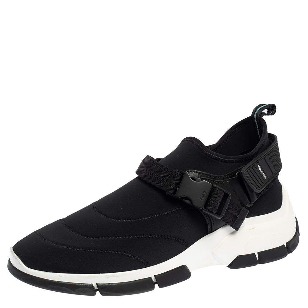 Prada Black Neoprene Buckle Detail Sneakers Size 40