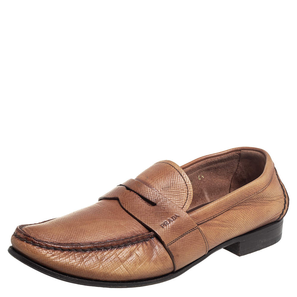 Pre Owned Prada Brown Leather Penny Slip On Loafers Size 40.5