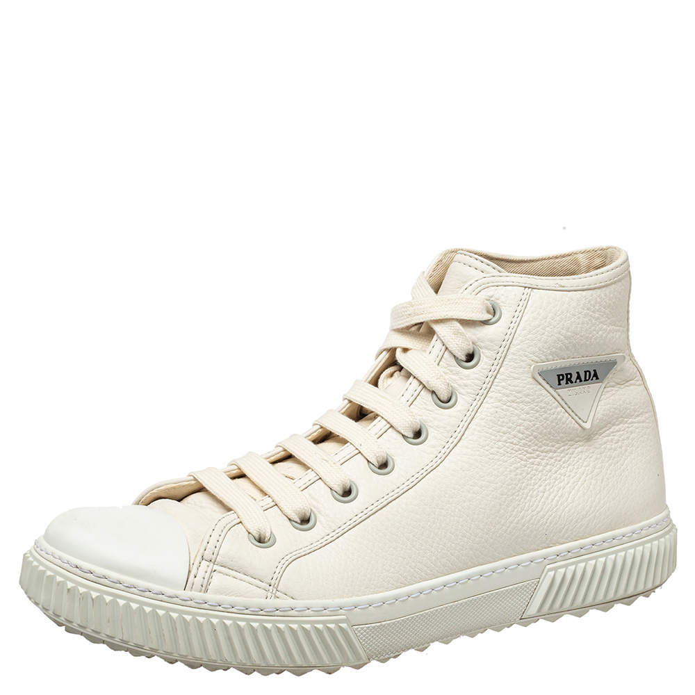 مملوكة مسبقًا Prada White Leather Cap Toe Logo Patch High Top Sneakers Size 44.5 