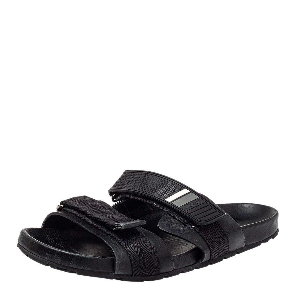 Prada Black Nylon And Leather Velcro Strap Flat Sandals Size 45