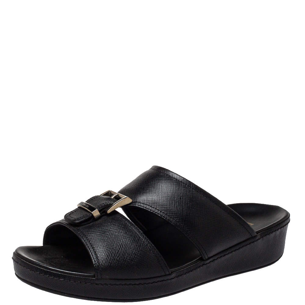 Prada Black Leather  Buckle Slide Flat Sandals Size 41.5