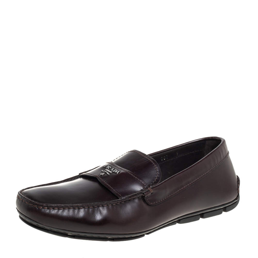 Pre Owned Prada Brown Leather Slip On Loafers Size 43
