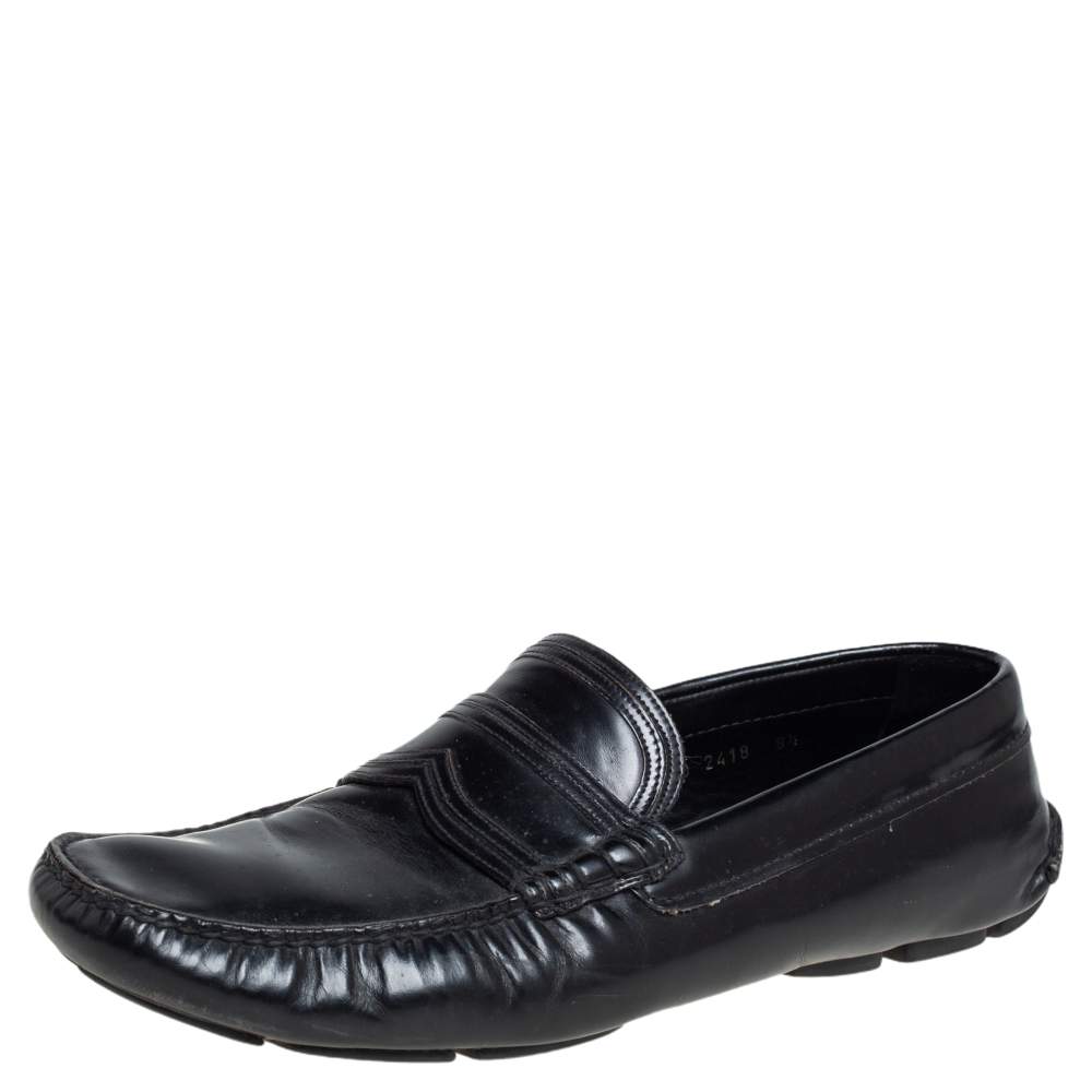 Pre Owned Prada Black Leather Penny Slip On Loafers Size 42.5