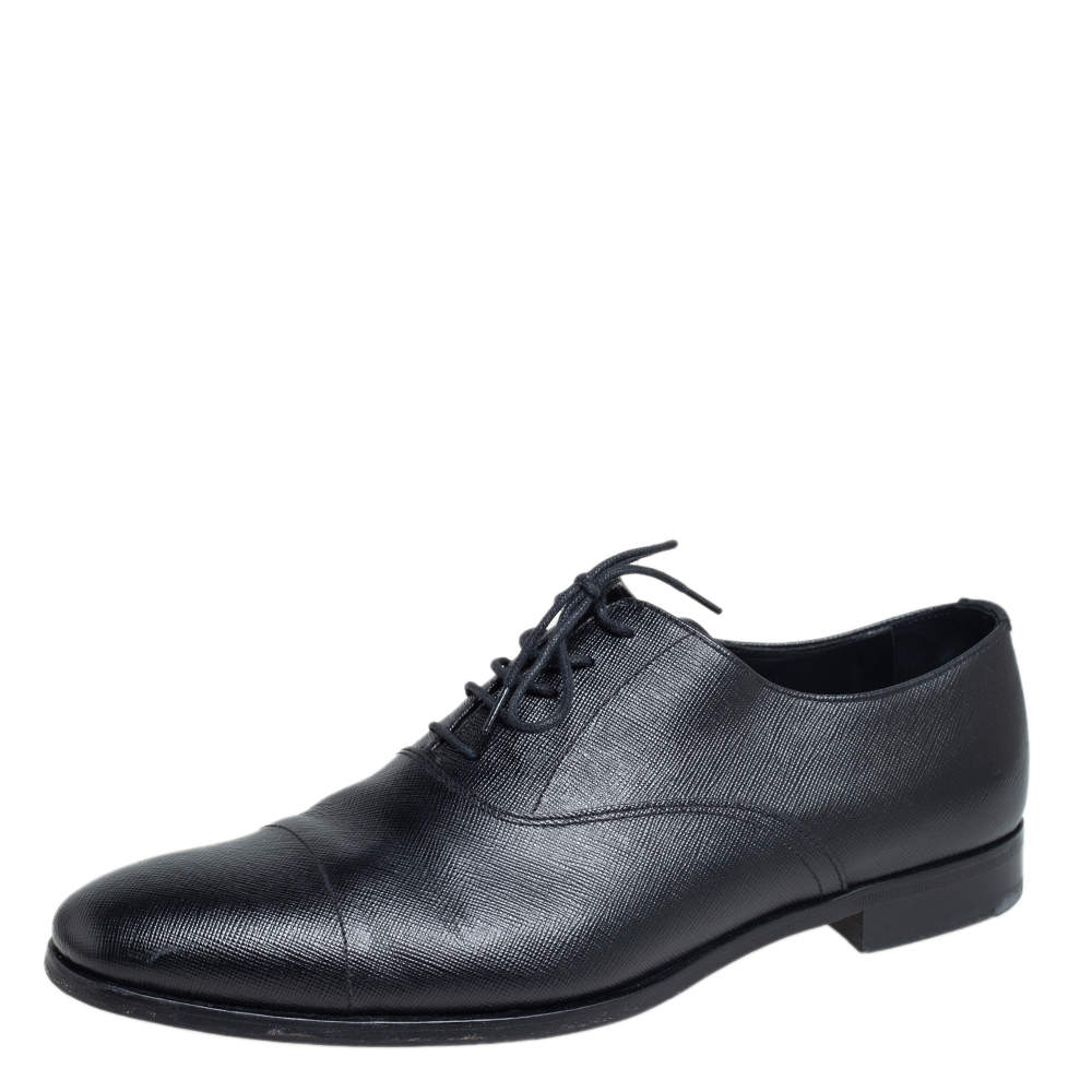 Pre Owned حذاء برادا أوكسفورد جلد سافيانو أسود برباط مقاس 43.5