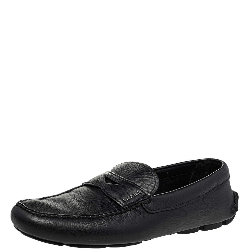 Pre Owned Prada Black Leather Slip On Loafers Size 42.5