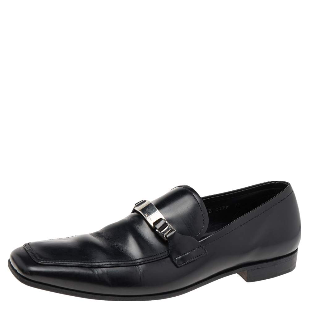 Pre Owned Prada Black Leather Slip on Loafers Size 43.5