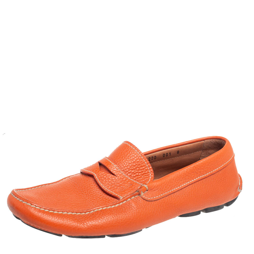 Prada Orange Leather Slip On Loafers Size 42