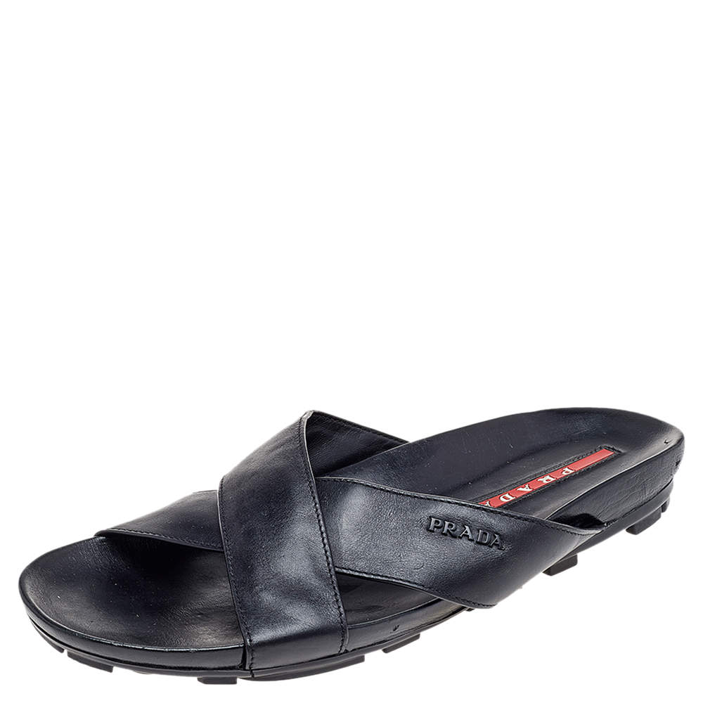 Prada Black Leather Crisscross Sandals Size 42