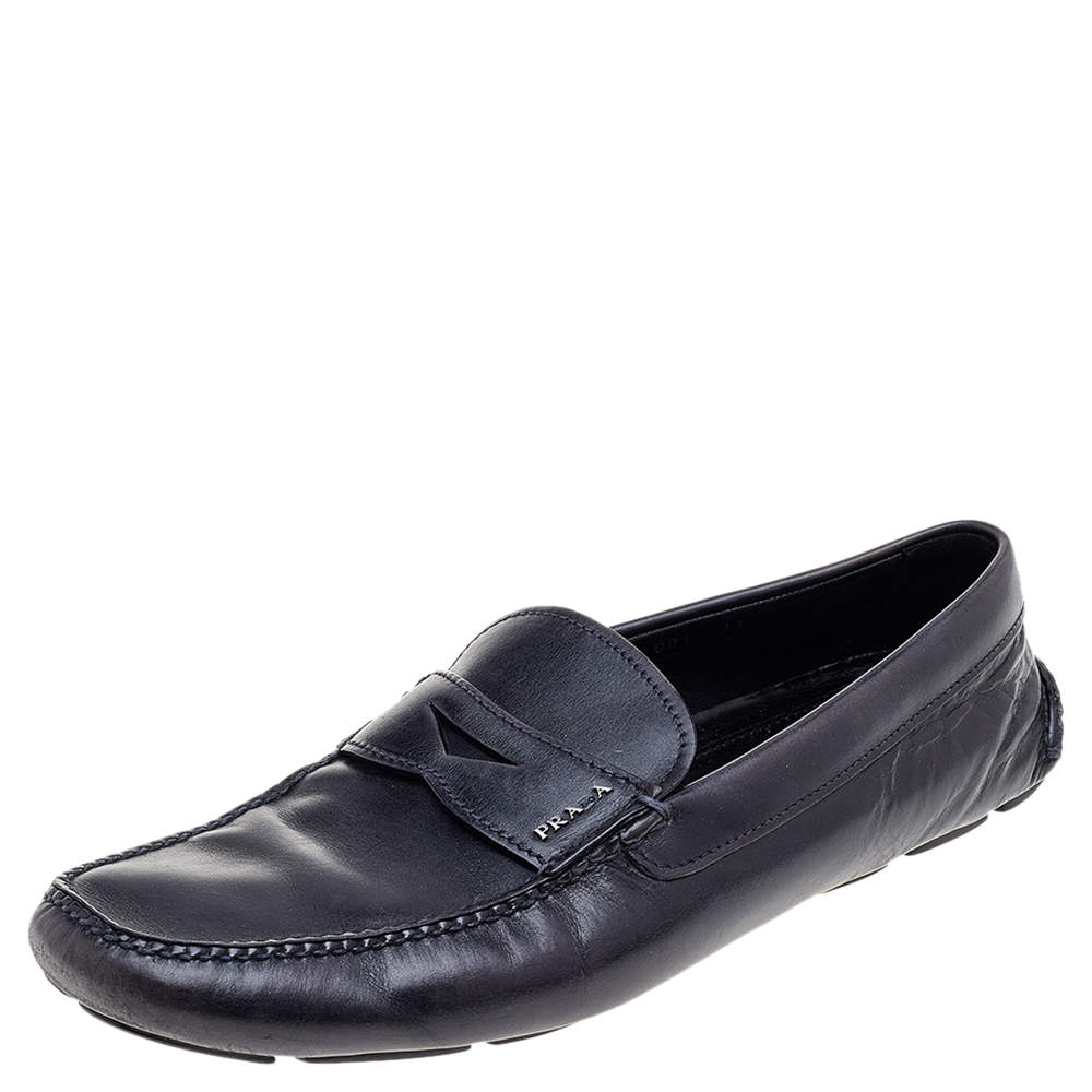 Pre Owned Prada Black Leather Penny Slip On Loafers Size 45