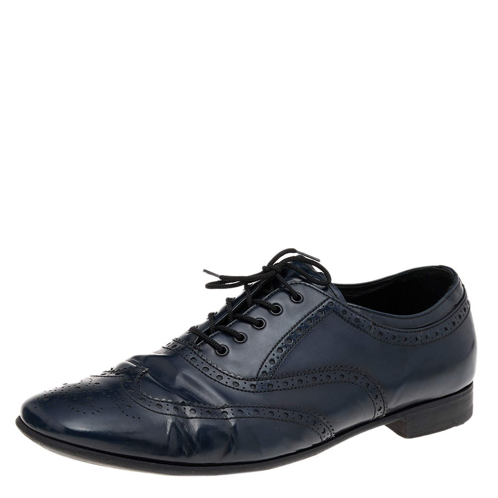 Prada Navy Blue Brogue Leather Lace Up Oxfords Size 44