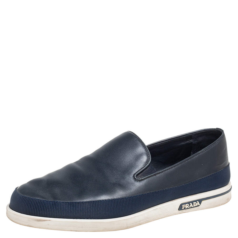 Pre Owned Prada Navy Blue Leather Slip On Sneakers Size 42