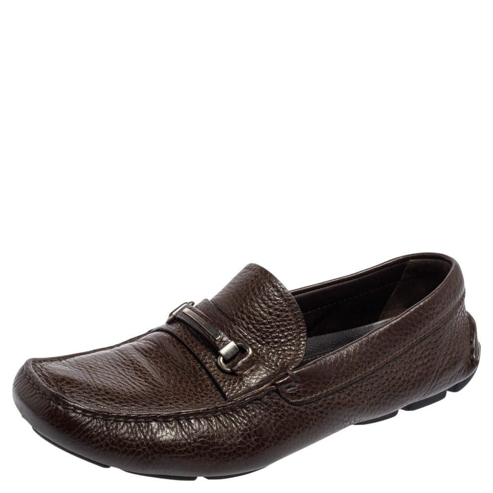 Pre Owned Prada Brown Leather Penny Slip On Loafers Size 42