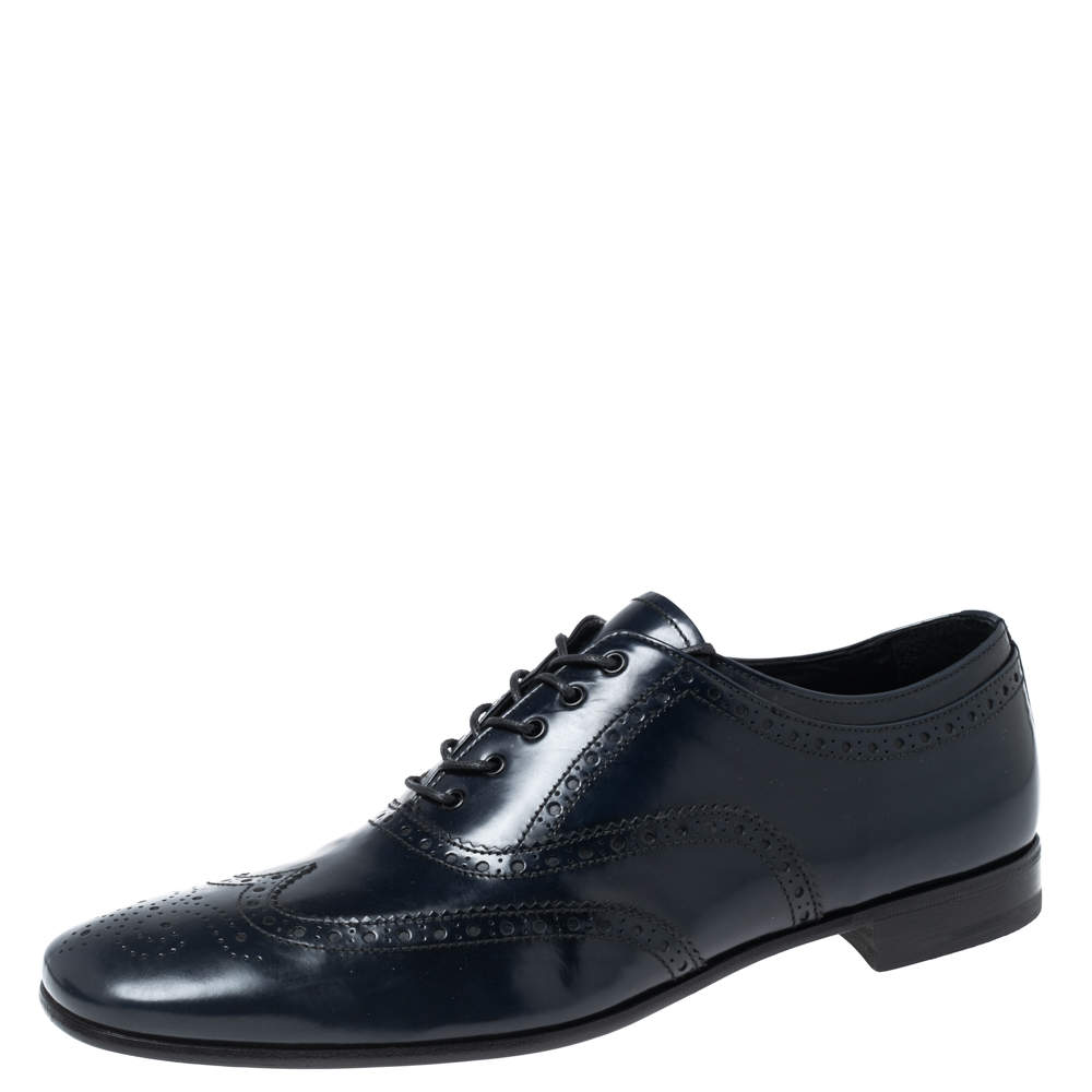 Prada Dark Navy Blue Brogue Leather Oxfords Size 43.5