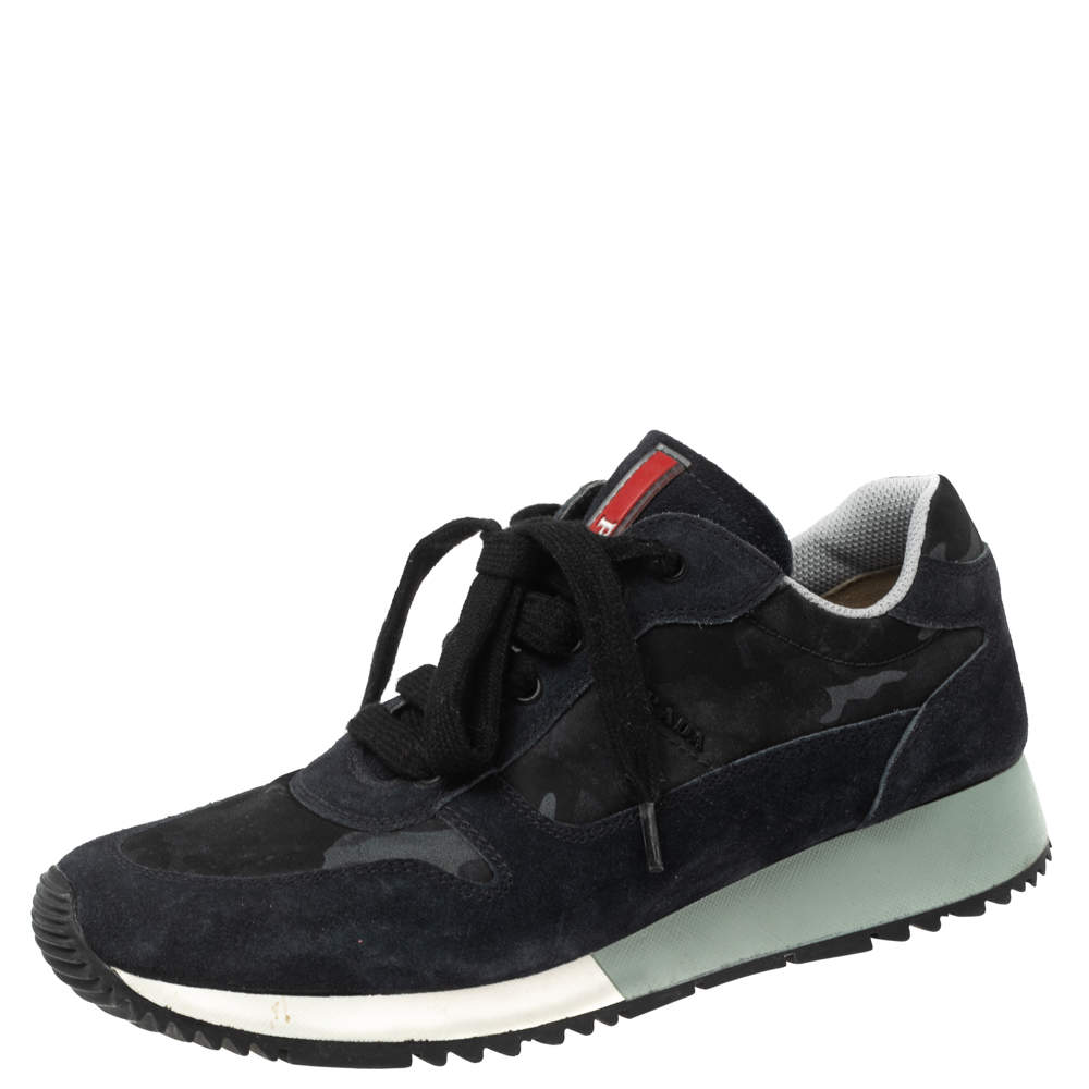 Prada Navy Blue Camouflage Canvas And Suede Sneakers Size 37.5