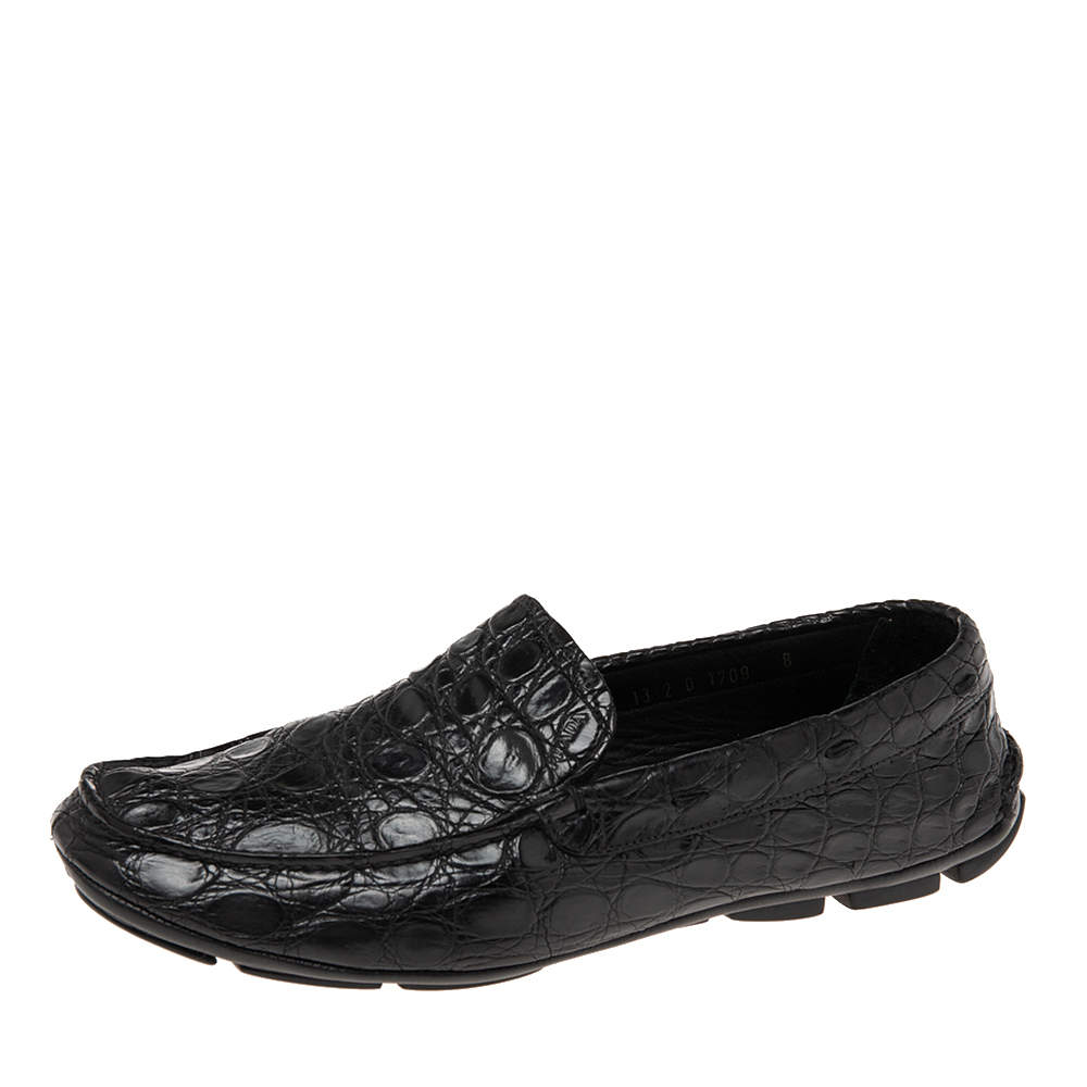 Prada Black Crocodile Leather Slip On Loafers Size 42