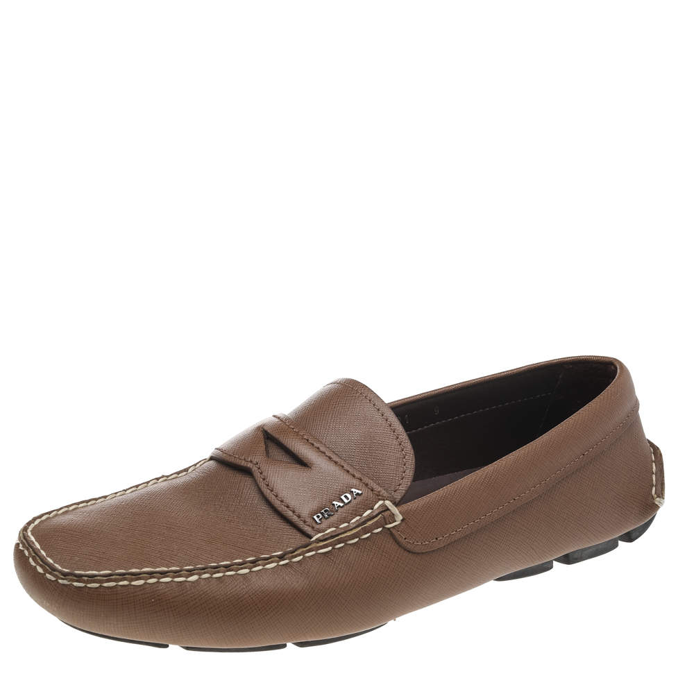 Prada Brown Leather Slip On Driving Loafers Size 43