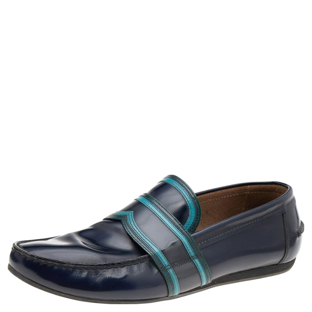Prada Dark Blue Leather Penny Sip On Loafers Size 43.5