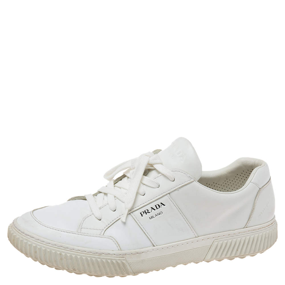 Prada White Leather Low-Top Sneakers Size 45.5