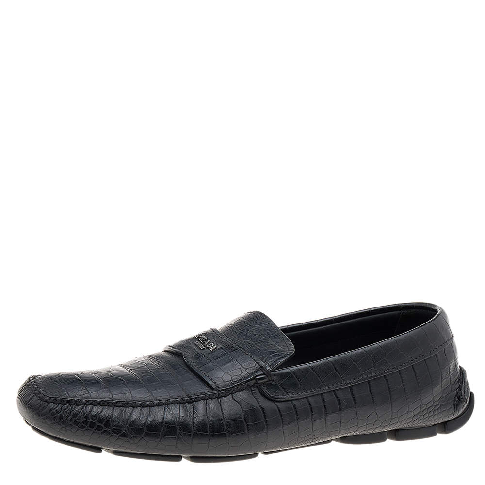 Pre Owned Prada Black Croc Embossed Leather Penny Slip On Loafers Size 44.5