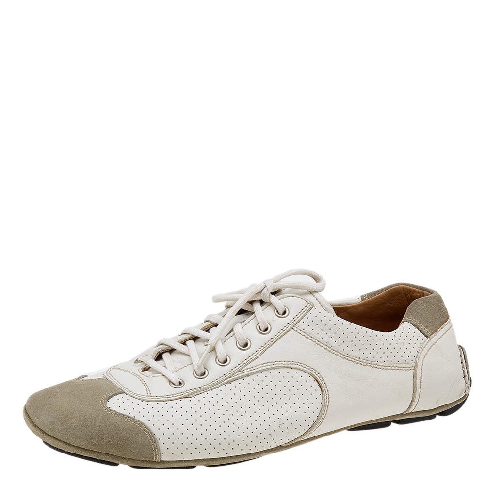 حذاء رياضي برادا سبورت سويدي وجلد أبيض/رصاصي مخرم منخفض من أعلى مقاس 44.5
