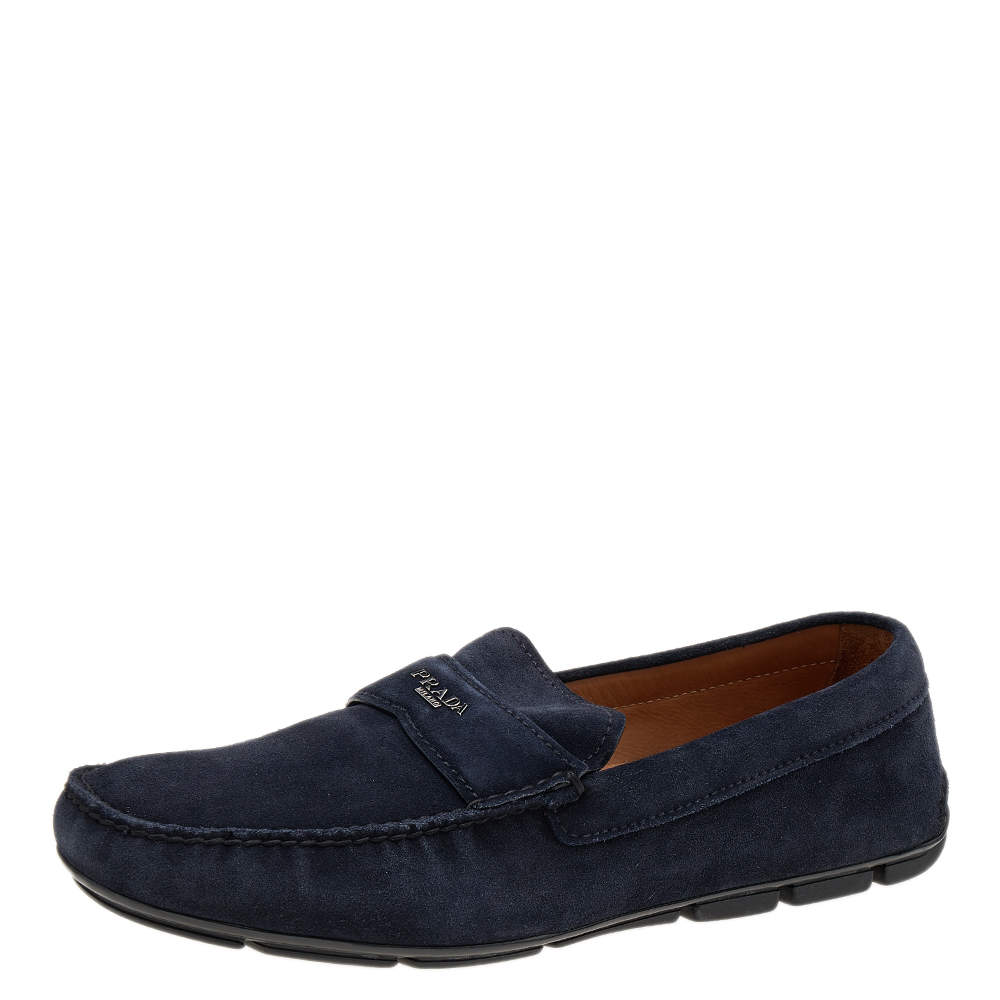 Prada Navy Blue Suede Slip On Loafers Size 43.5
