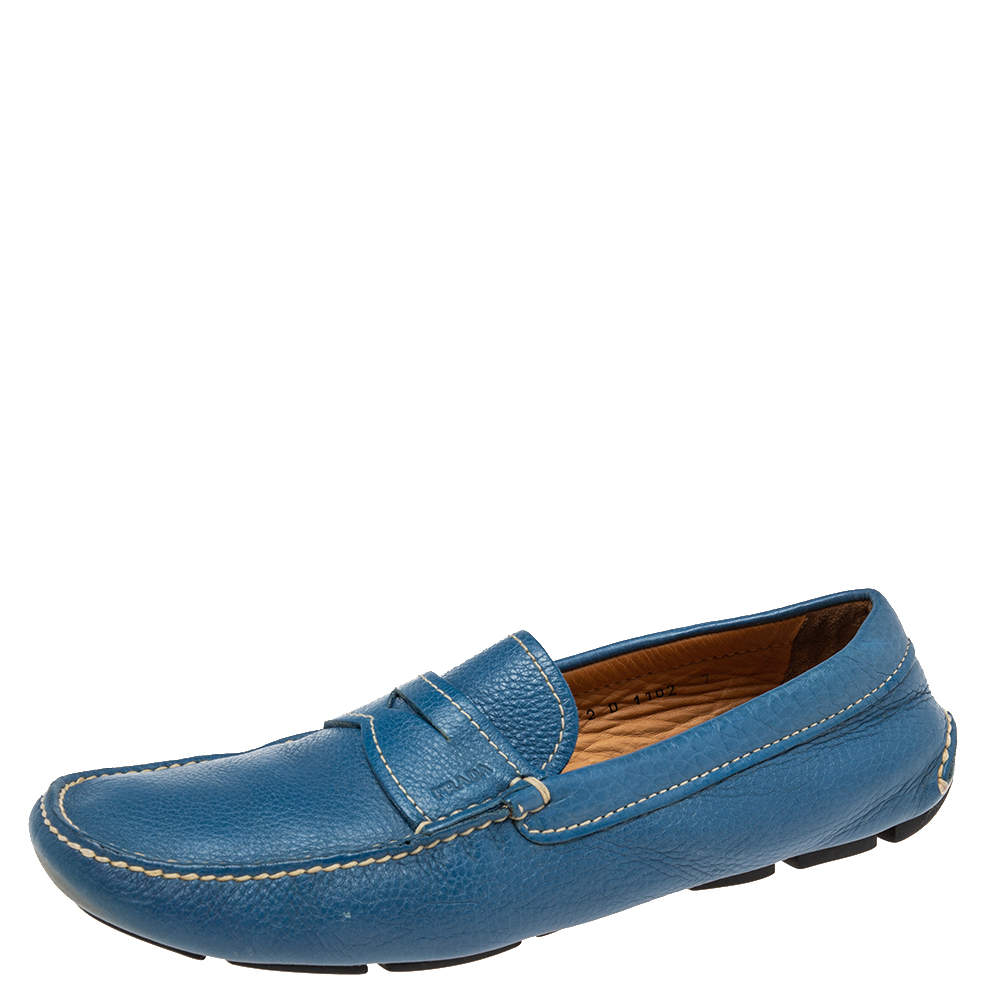 Prada Blue Leather Slip On Loafers Size 41